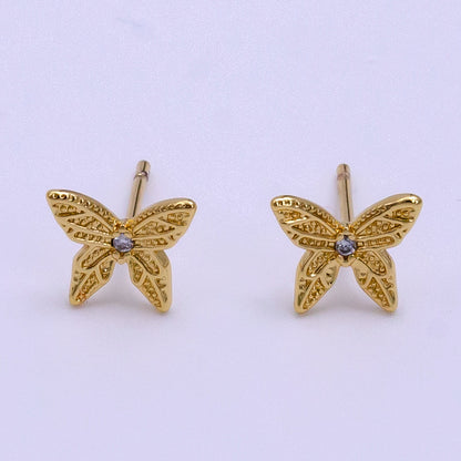 16K Gold Filled 8mm Clear CZ Textured Butterfly Mini Stud Earrings | Clearance