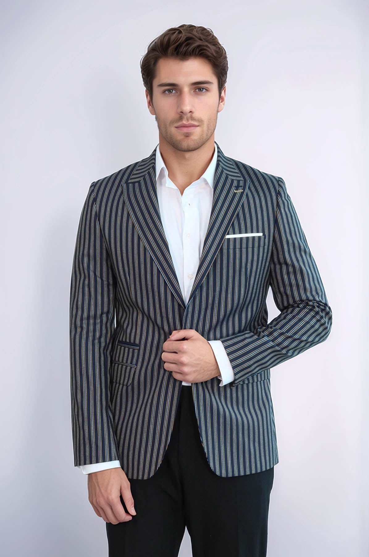 Navy Blue Striped Slim-Fit Blazer - Wessi