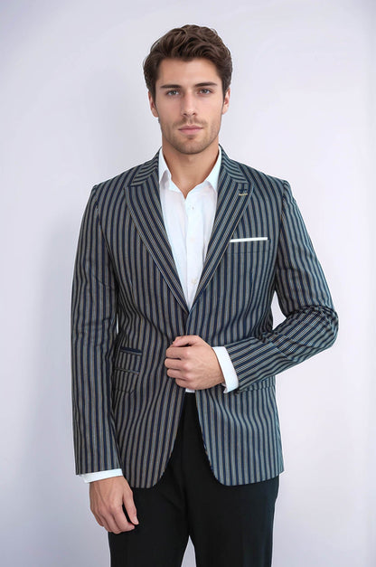 Navy Blue Striped Slim-Fit Blazer - Wessi
