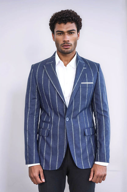 Striped Slim-Fit Navy Blue Men Blazer - Wessi