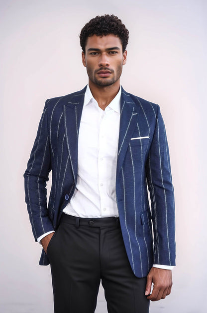 Striped Slim-Fit Navy Blue Men Blazer - Wessi