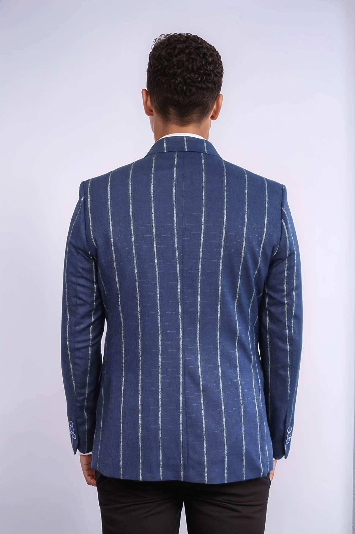 Striped Slim-Fit Navy Blue Men Blazer - Wessi