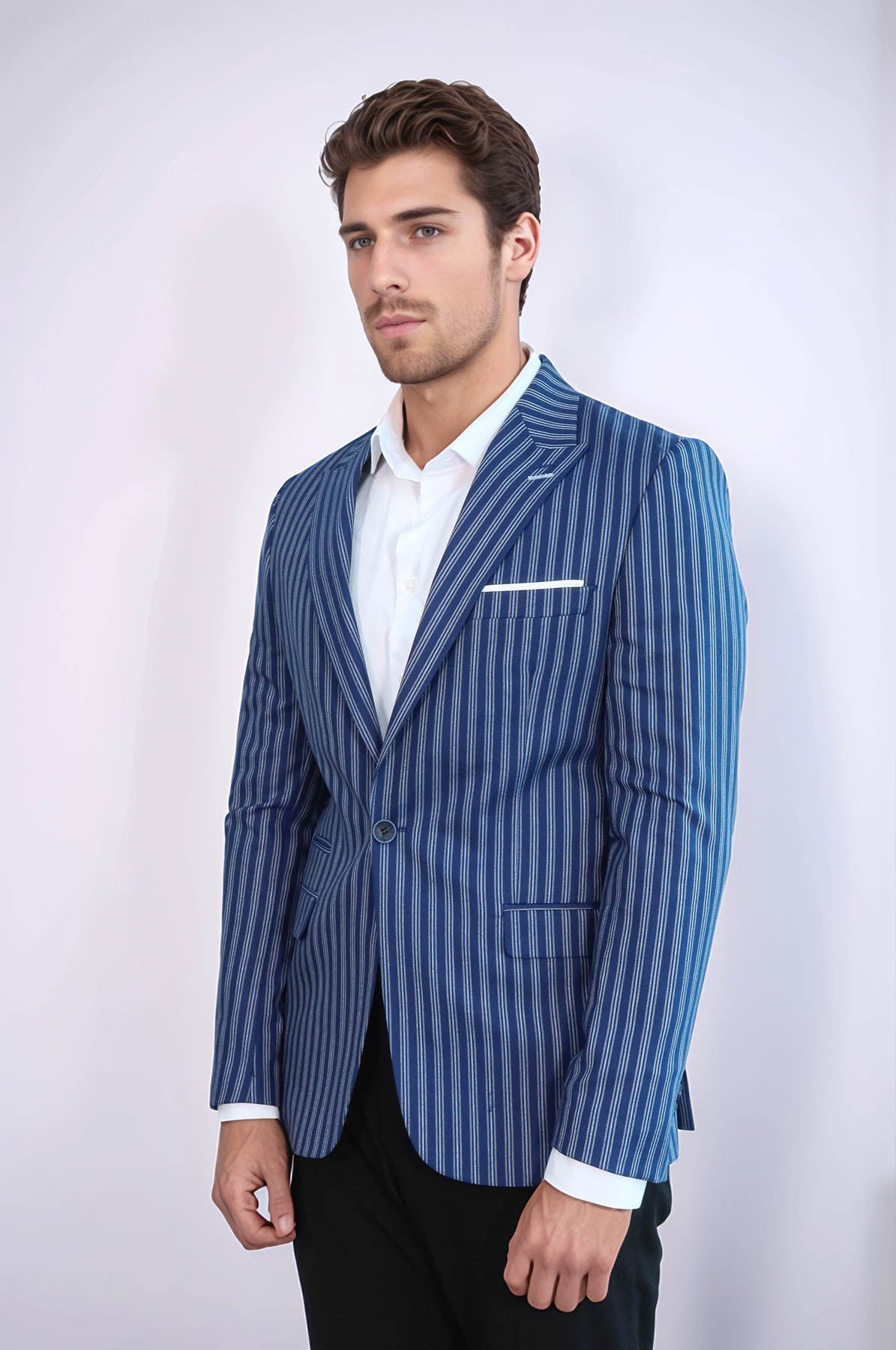 Striped Blue Slim-Fit Blazer - Wessi