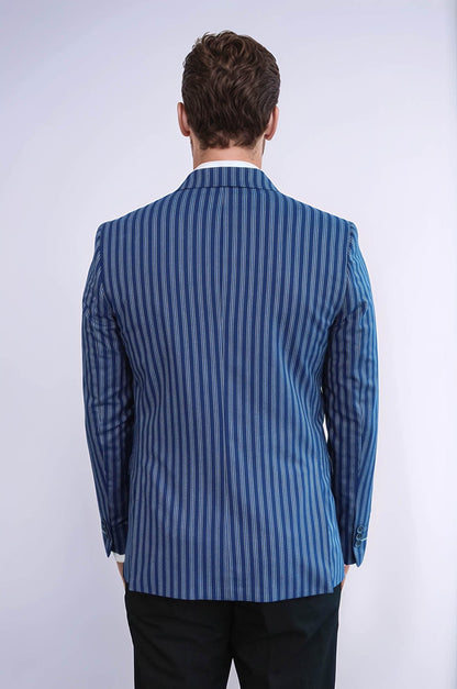 Striped Blue Slim-Fit Blazer - Wessi
