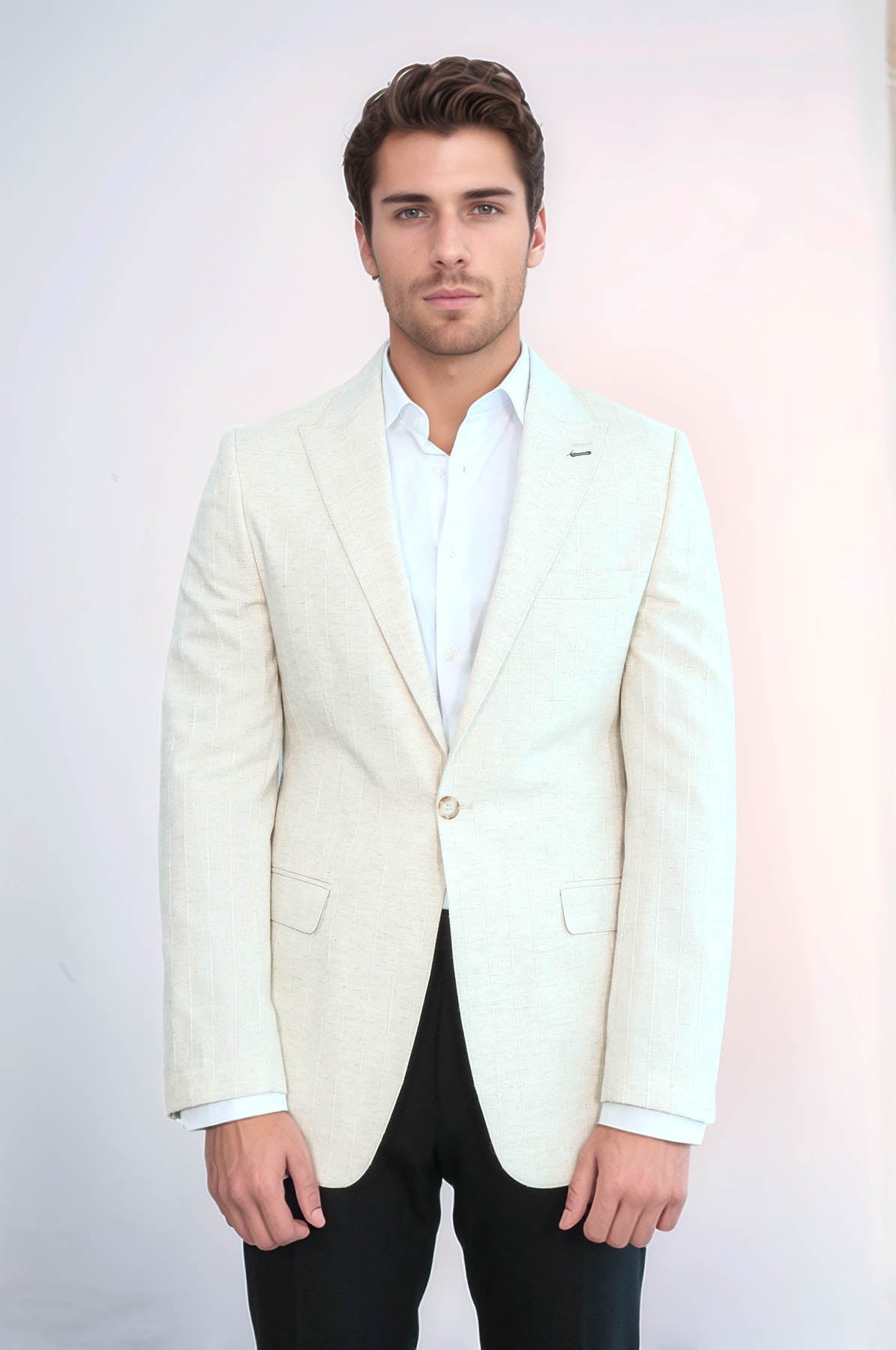 Striped Peak Lapel Cream Sport Jacket - Wessi