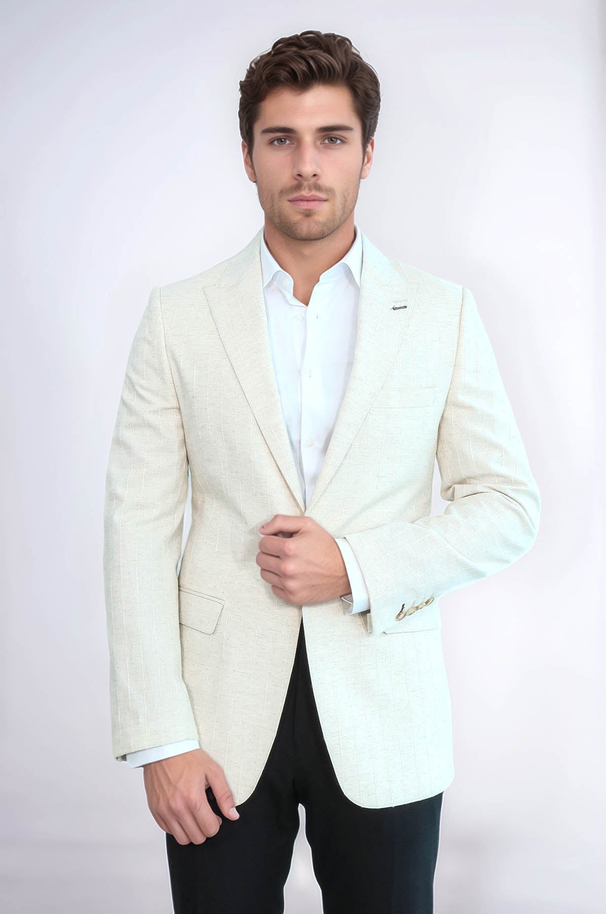 Striped Peak Lapel Cream Sport Jacket - Wessi