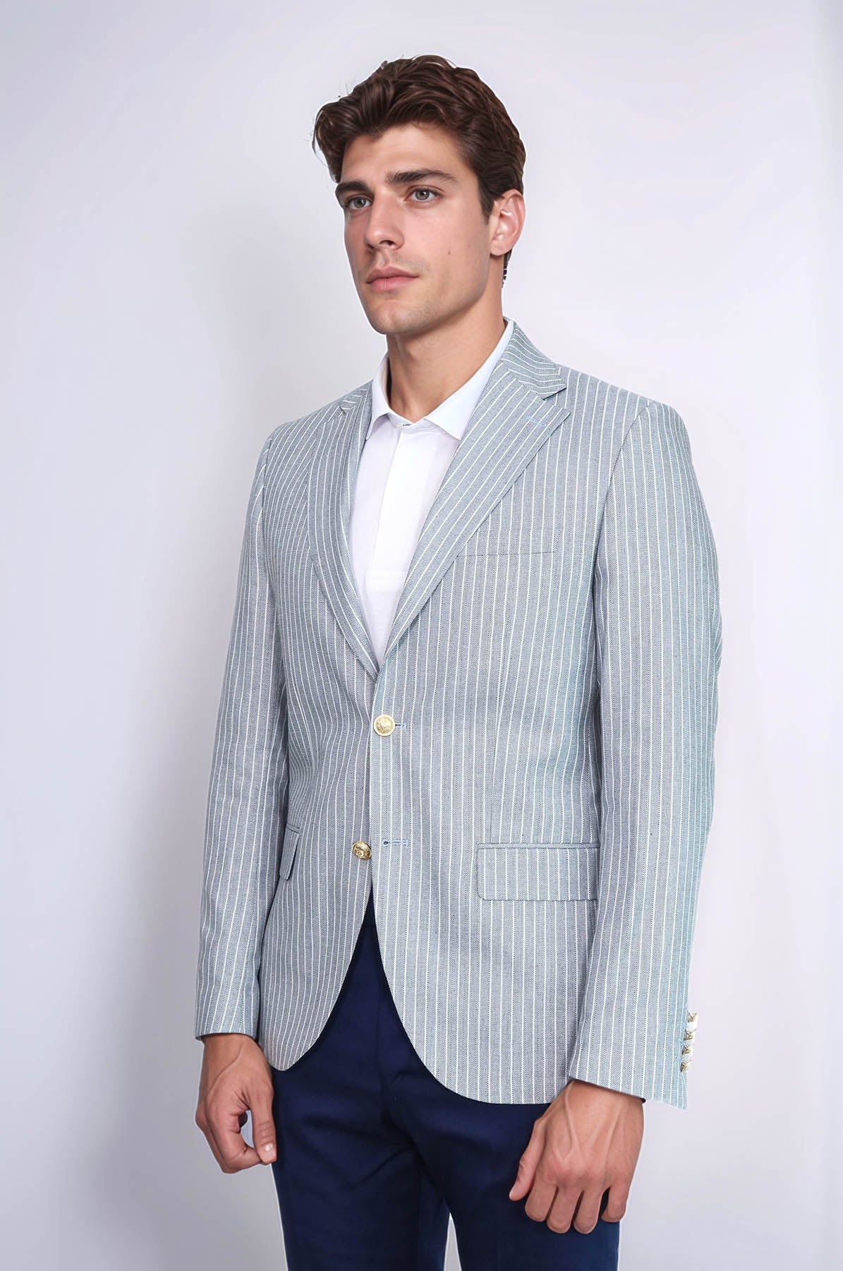 Light Blue Striped Linen Gold Metal Button Slim Fit Men&