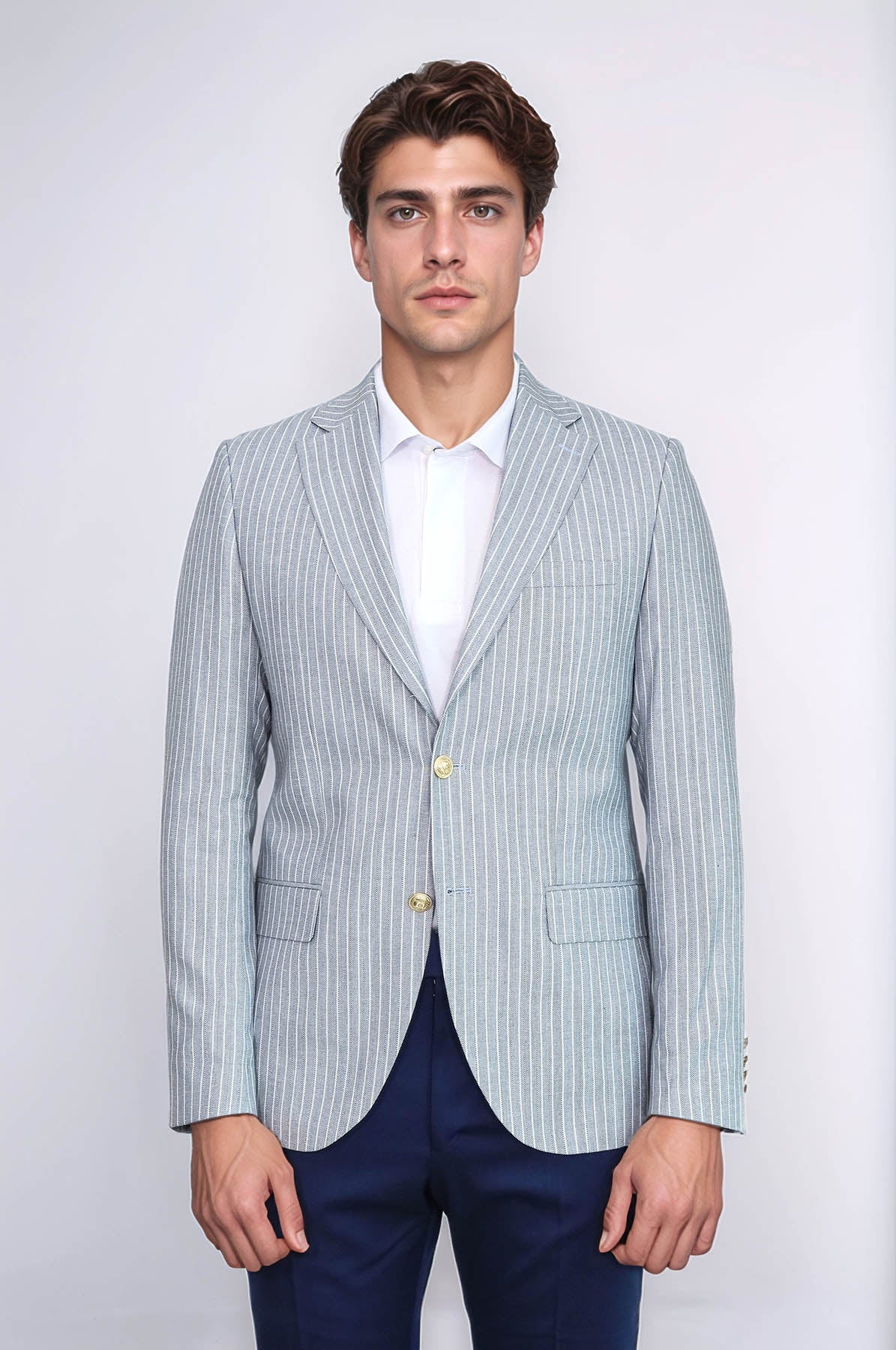 Light Blue Striped Linen Gold Metal Button Slim Fit Men&