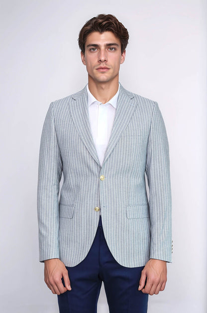 Light Blue Striped Linen Gold Metal Button Slim Fit Men&
