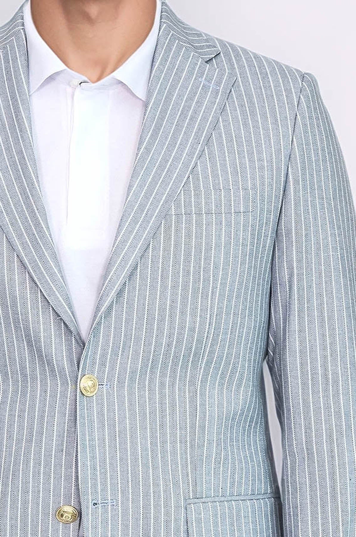 Light Blue Striped Linen Gold Metal Button Slim Fit Men&