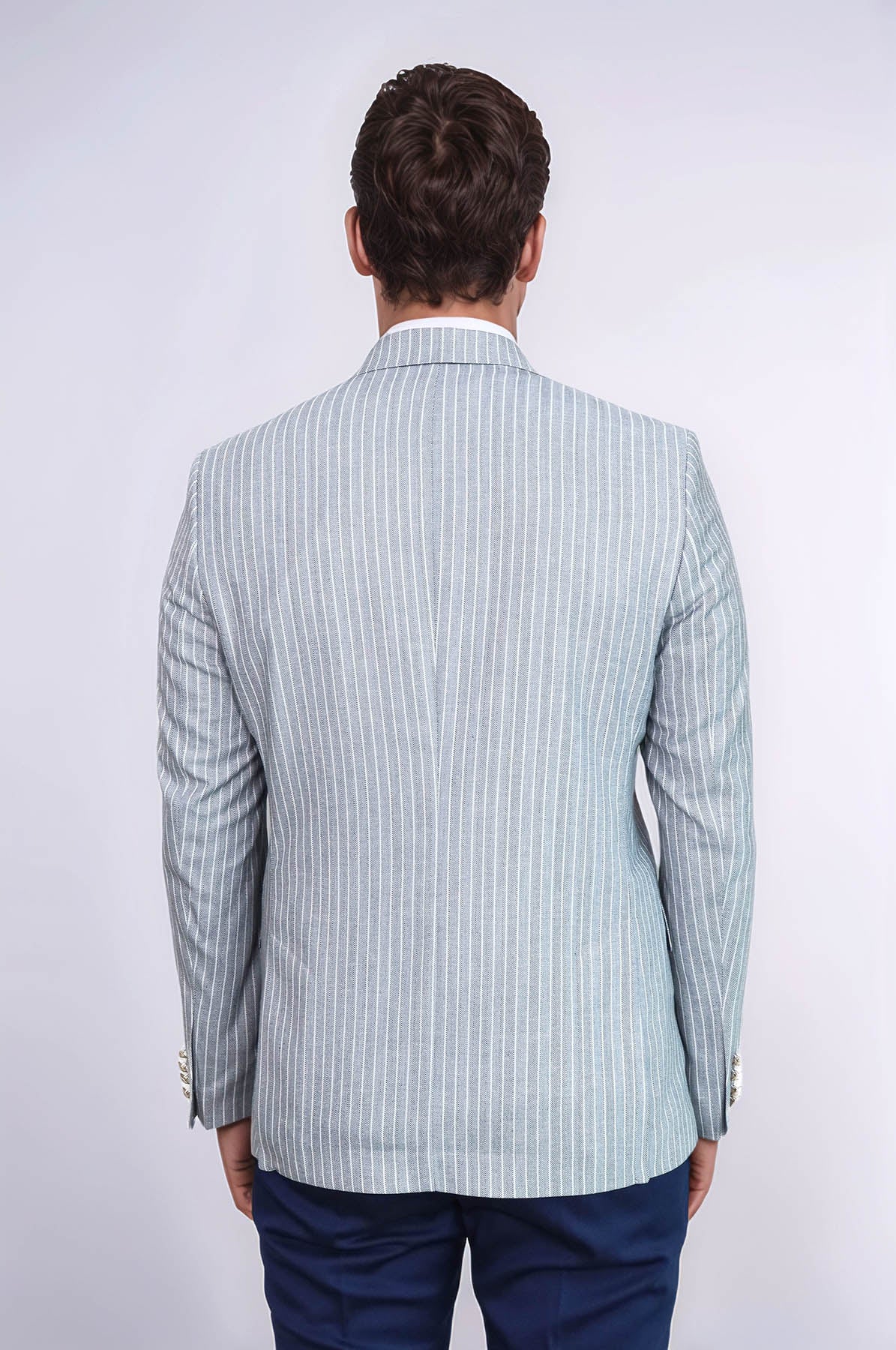 Light Blue Striped Linen Gold Metal Button Slim Fit Men&