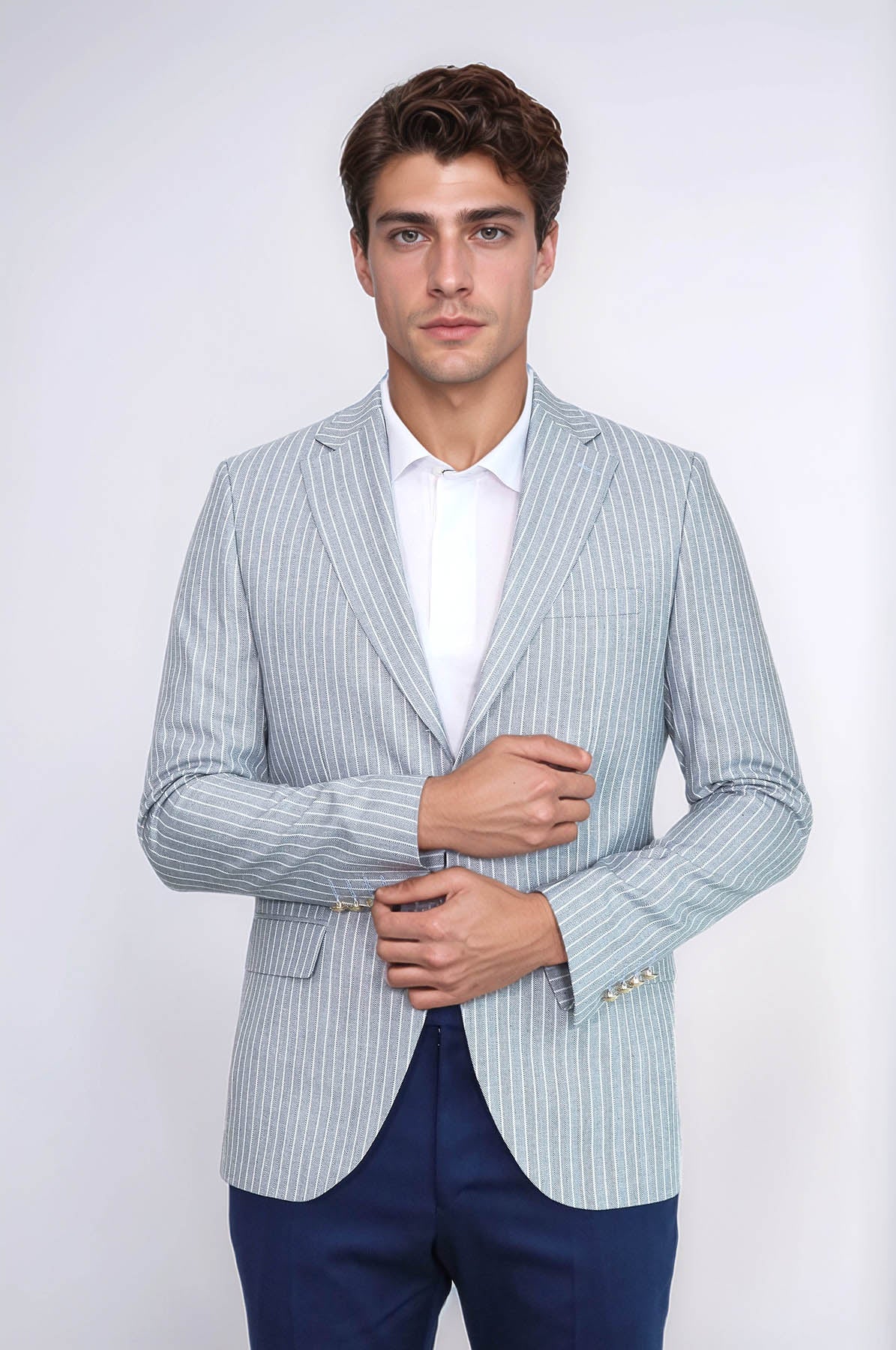 Light Blue Striped Linen Gold Metal Button Slim Fit Men&
