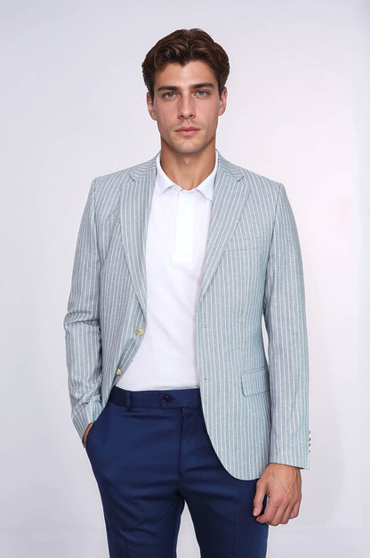 Light Blue Striped Linen Gold Metal Button Slim Fit Men&
