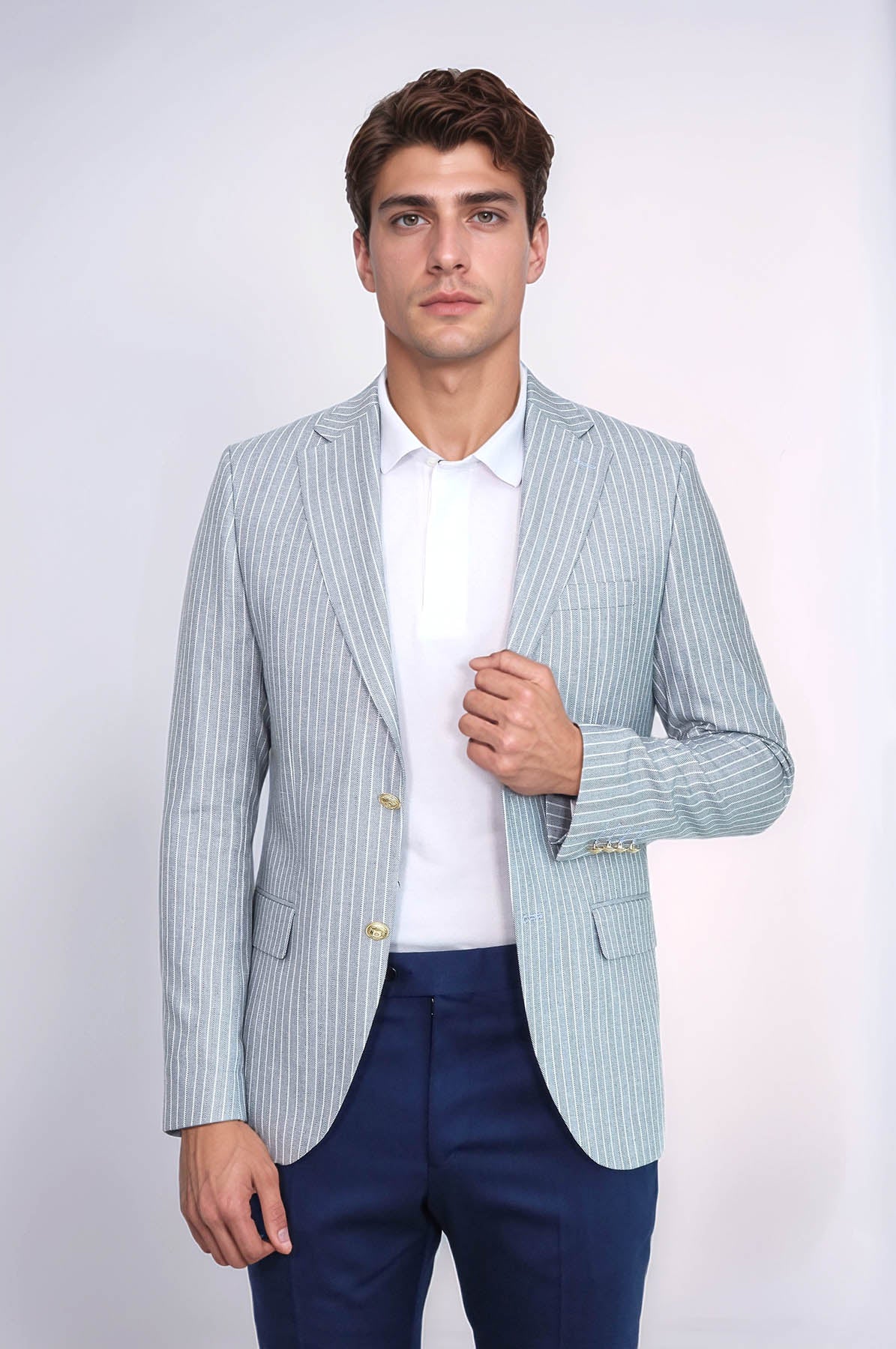Light Blue Striped Linen Gold Metal Button Slim Fit Men&