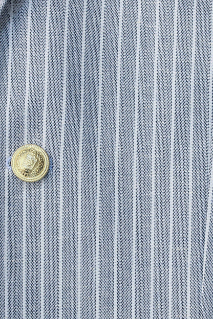 Light Blue Striped Linen Gold Metal Button Slim Fit Men&