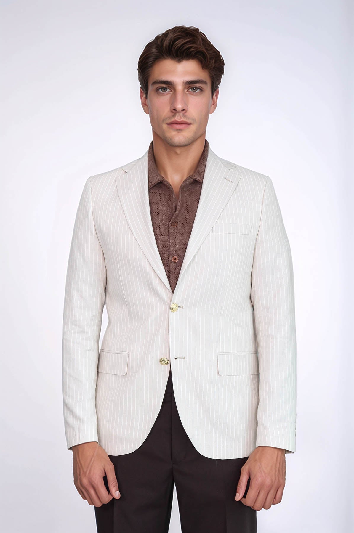Cream Striped Linen Gold Metal Button Slim Fit Men&