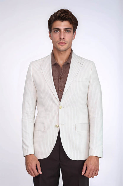 Cream Striped Linen Gold Metal Button Slim Fit Men&