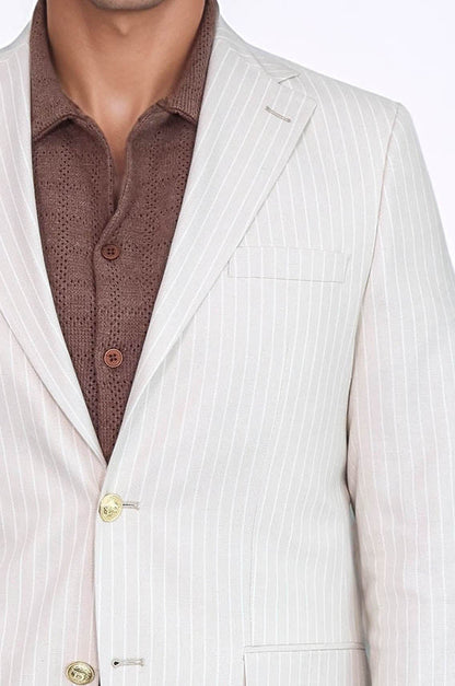 Cream Striped Linen Gold Metal Button Slim Fit Men&