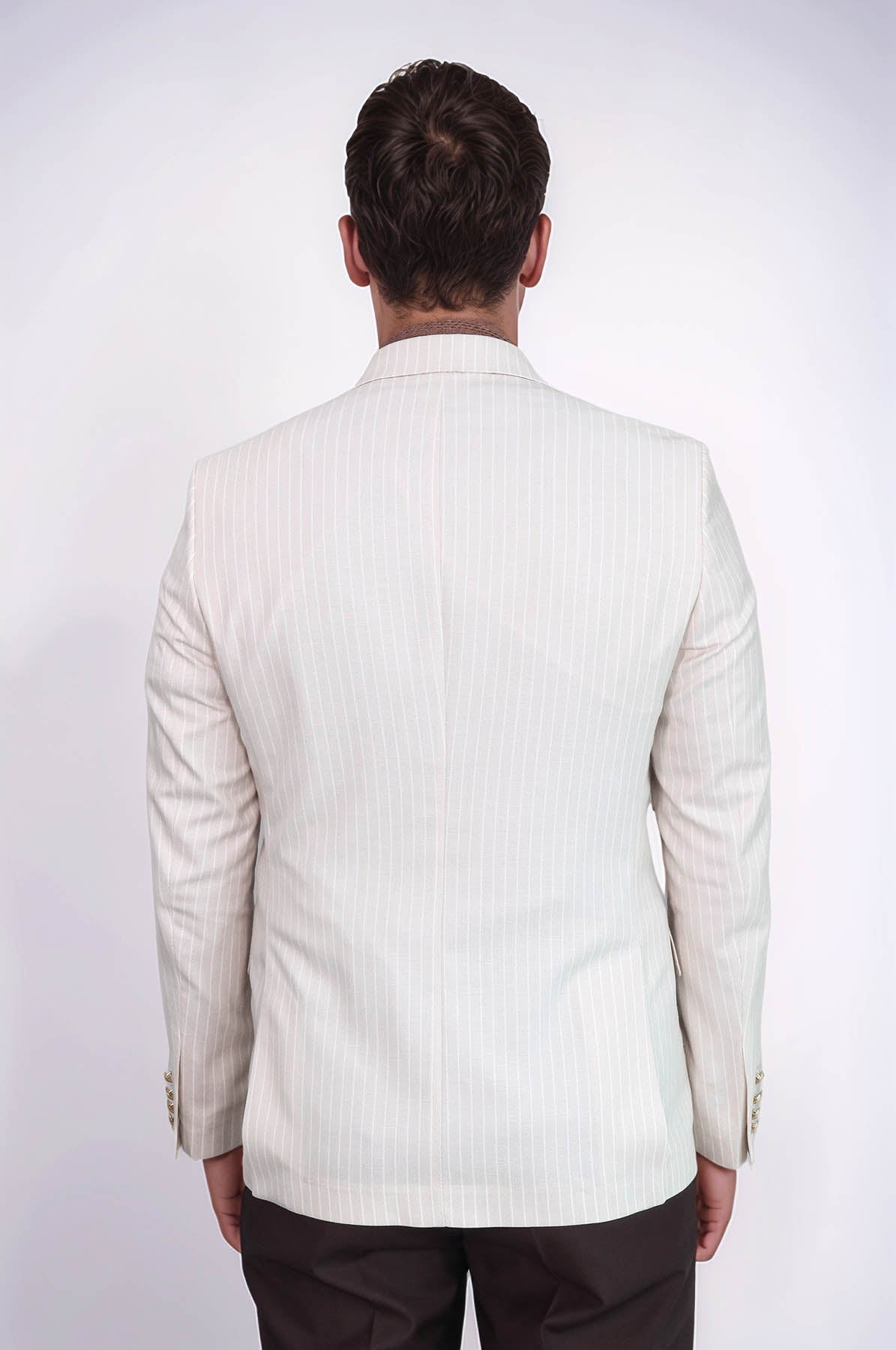 Cream Striped Linen Gold Metal Button Slim Fit Men&