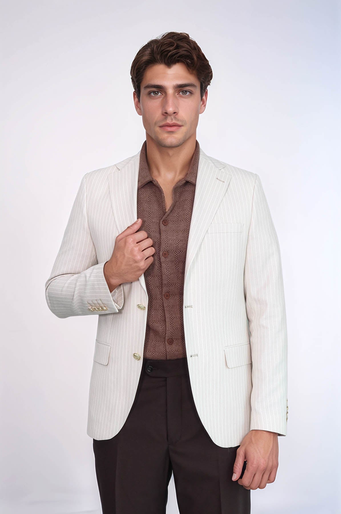 Cream Striped Linen Gold Metal Button Slim Fit Men&