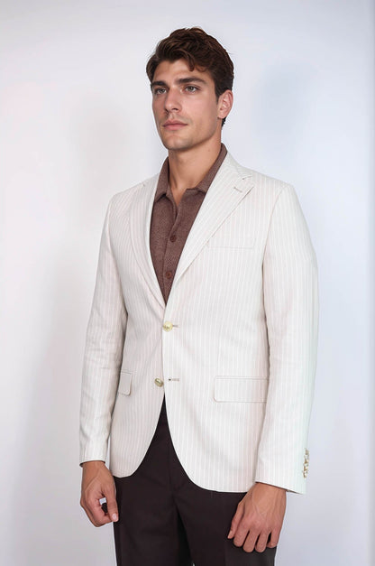 Cream Striped Linen Gold Metal Button Slim Fit Men&