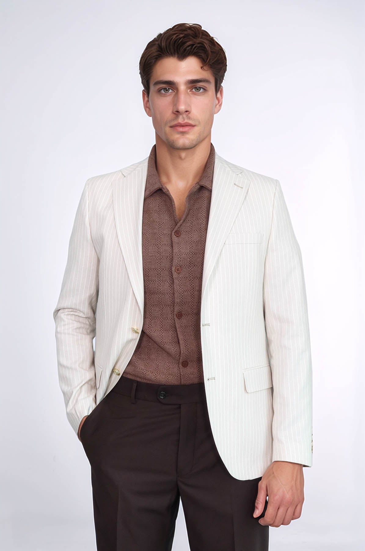 Cream Striped Linen Gold Metal Button Slim Fit Men&