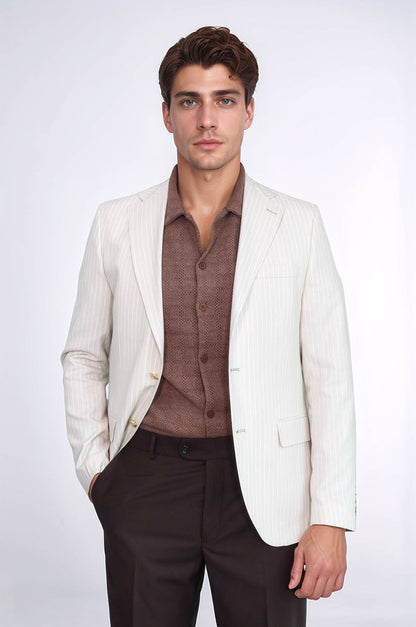 Cream Striped Linen Gold Metal Button Slim Fit Men&