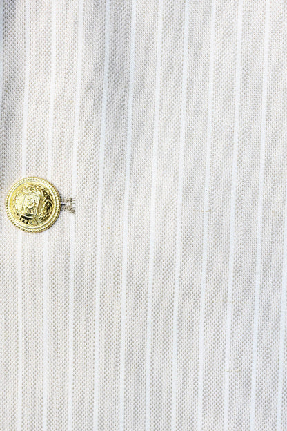 Cream Striped Linen Gold Metal Button Slim Fit Men&