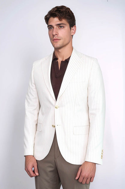 Ecru Striped Linen Gold Metal Button Slim Fit Men&