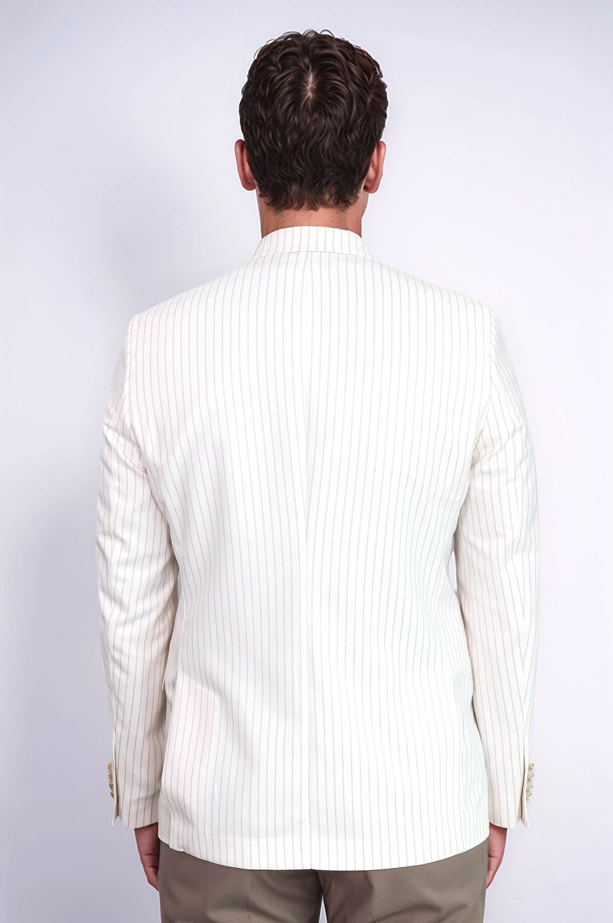 Ecru Striped Linen Gold Metal Button Slim Fit Men&