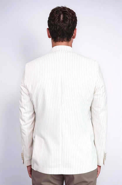 Ecru Striped Linen Gold Metal Button Slim Fit Men&
