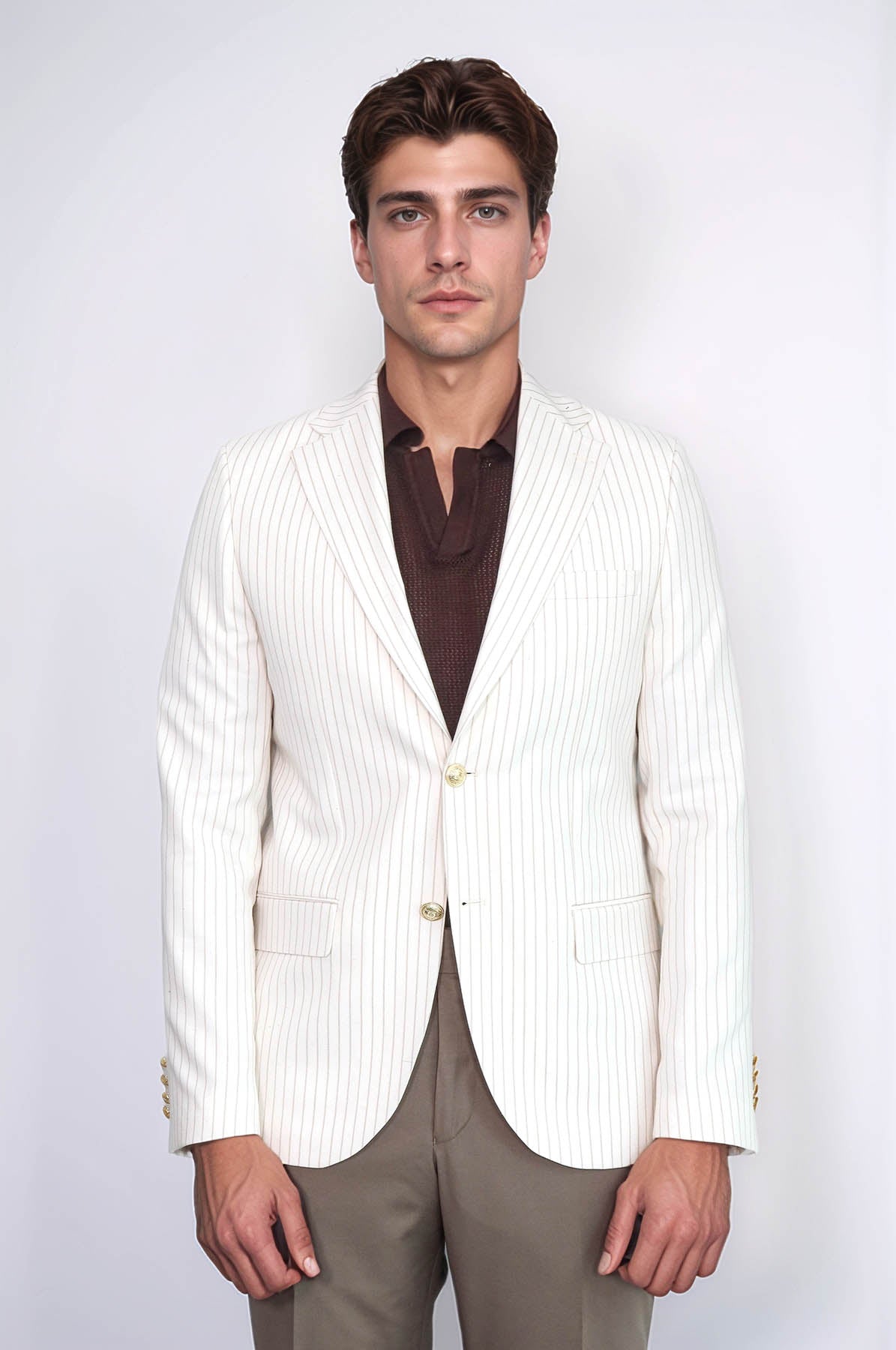 Ecru Striped Linen Gold Metal Button Slim Fit Men&