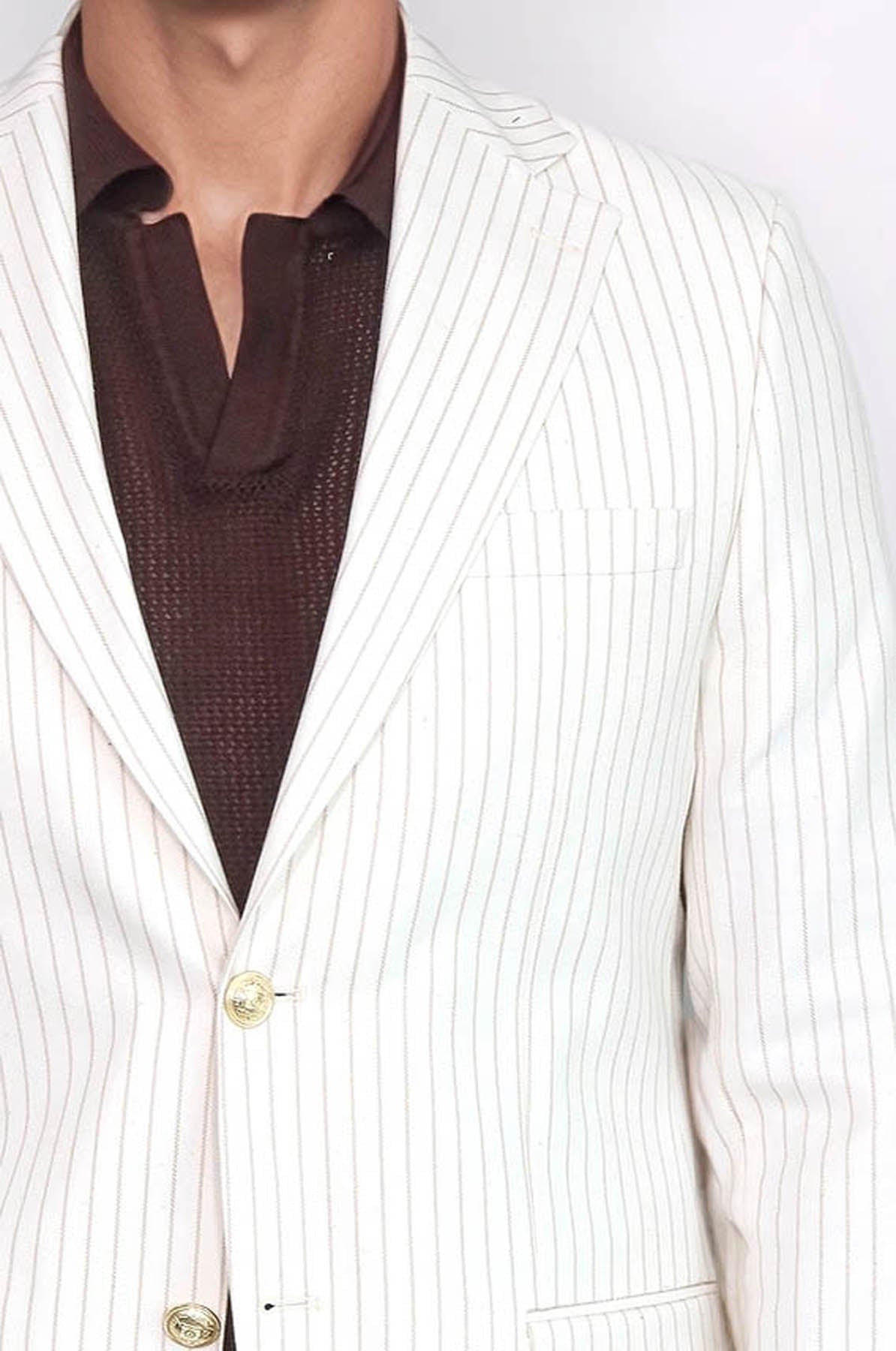 Ecru Striped Linen Gold Metal Button Slim Fit Men&