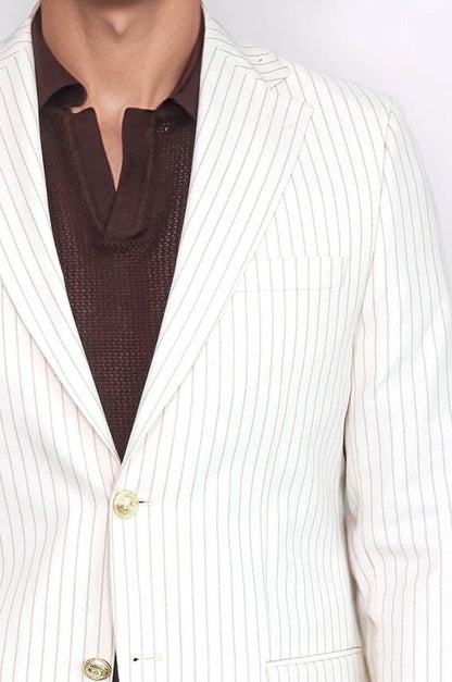 Ecru Striped Linen Gold Metal Button Slim Fit Men&