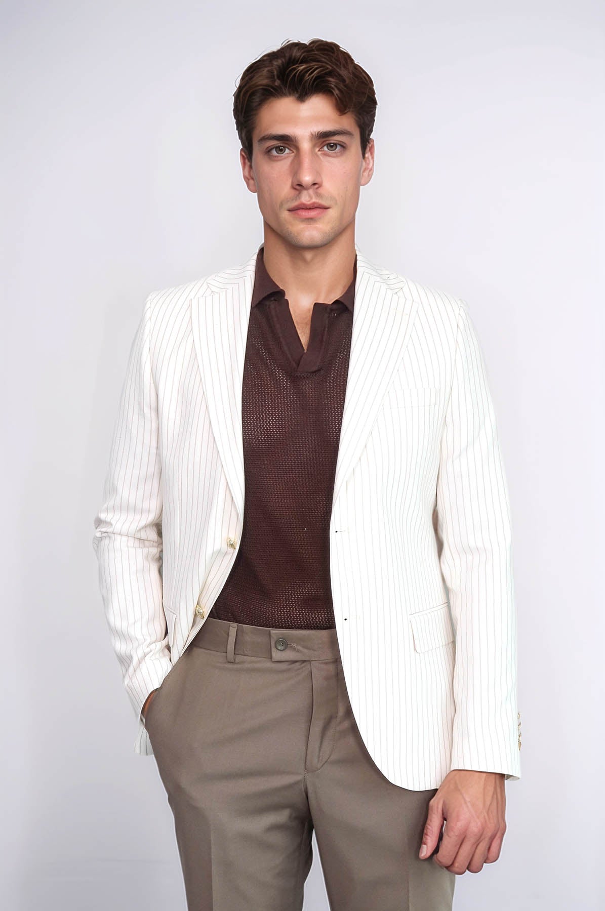 Ecru Striped Linen Gold Metal Button Slim Fit Men&