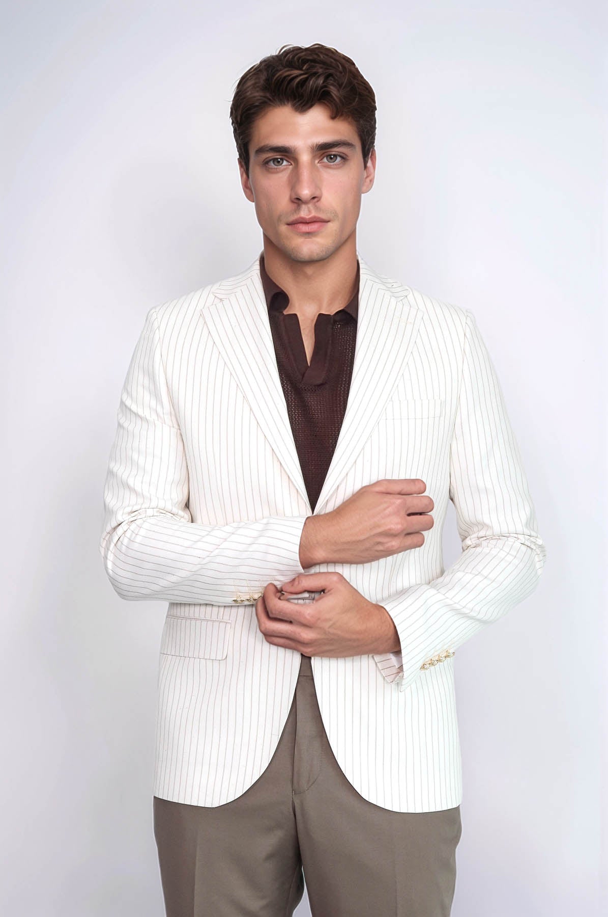 Ecru Striped Linen Gold Metal Button Slim Fit Men&