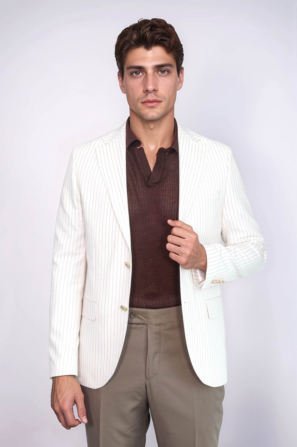 Ecru Striped Linen Gold Metal Button Slim Fit Men&