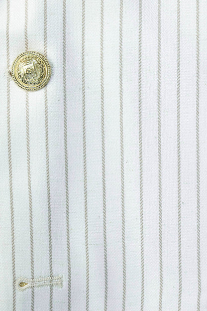 Ecru Striped Linen Gold Metal Button Slim Fit Men&