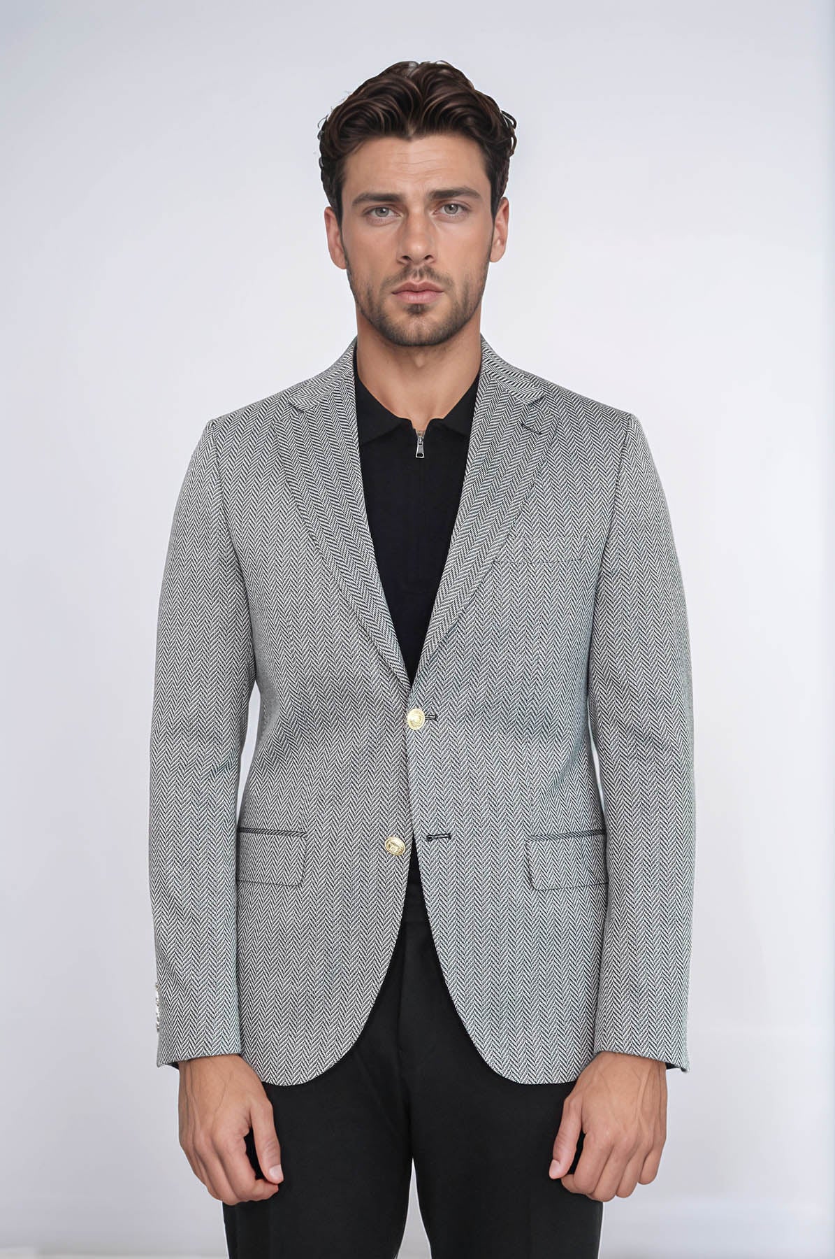 Black Herringbone Pattern Gold Metal Button Slim Fit Men&
