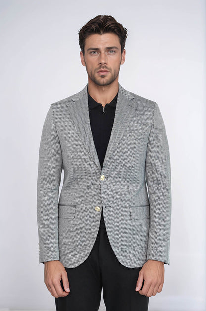 Black Herringbone Pattern Gold Metal Button Slim Fit Men&