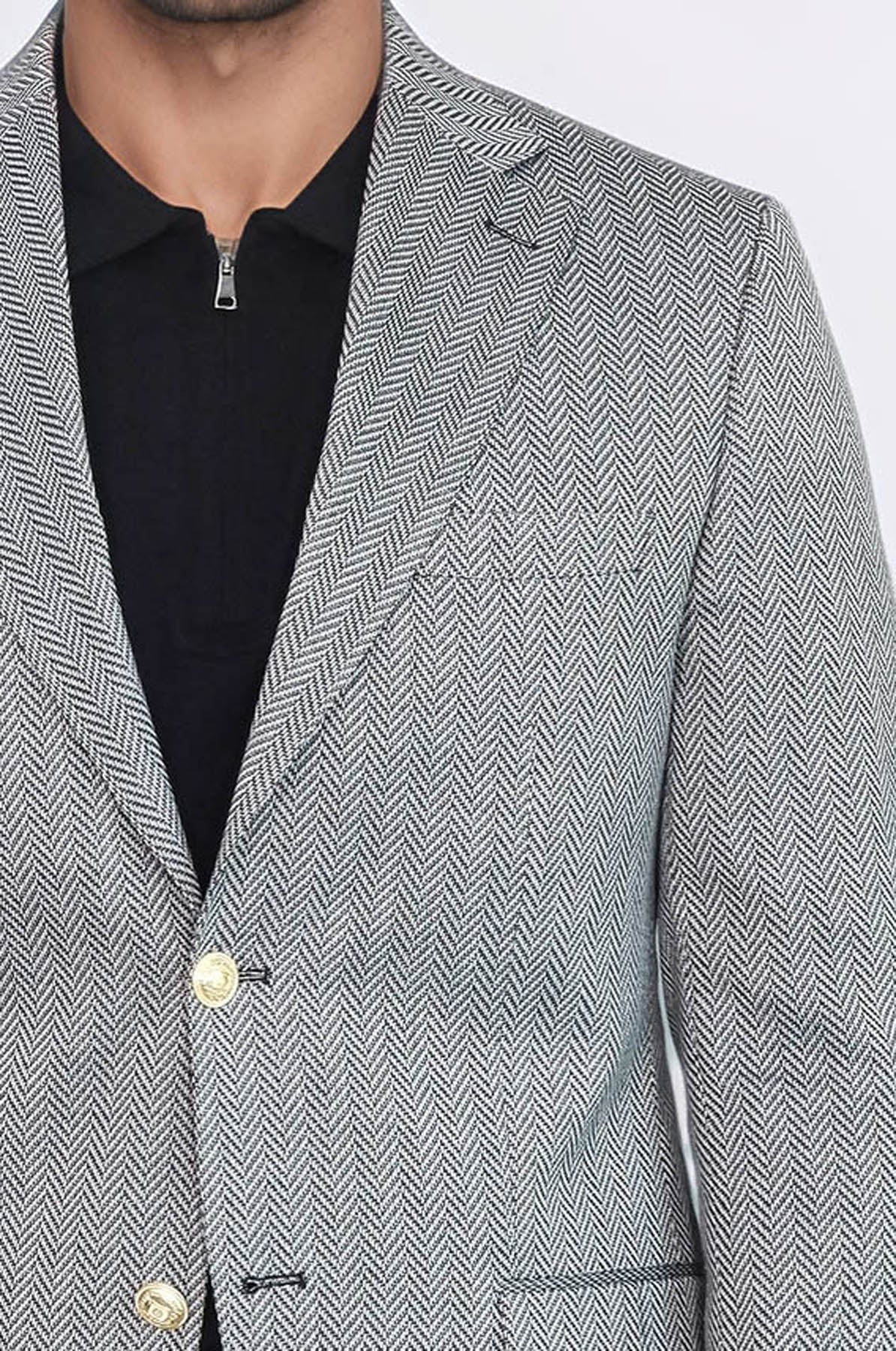 Black Herringbone Pattern Gold Metal Button Slim Fit Men&