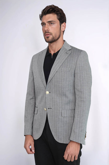 Black Herringbone Pattern Gold Metal Button Slim Fit Men&