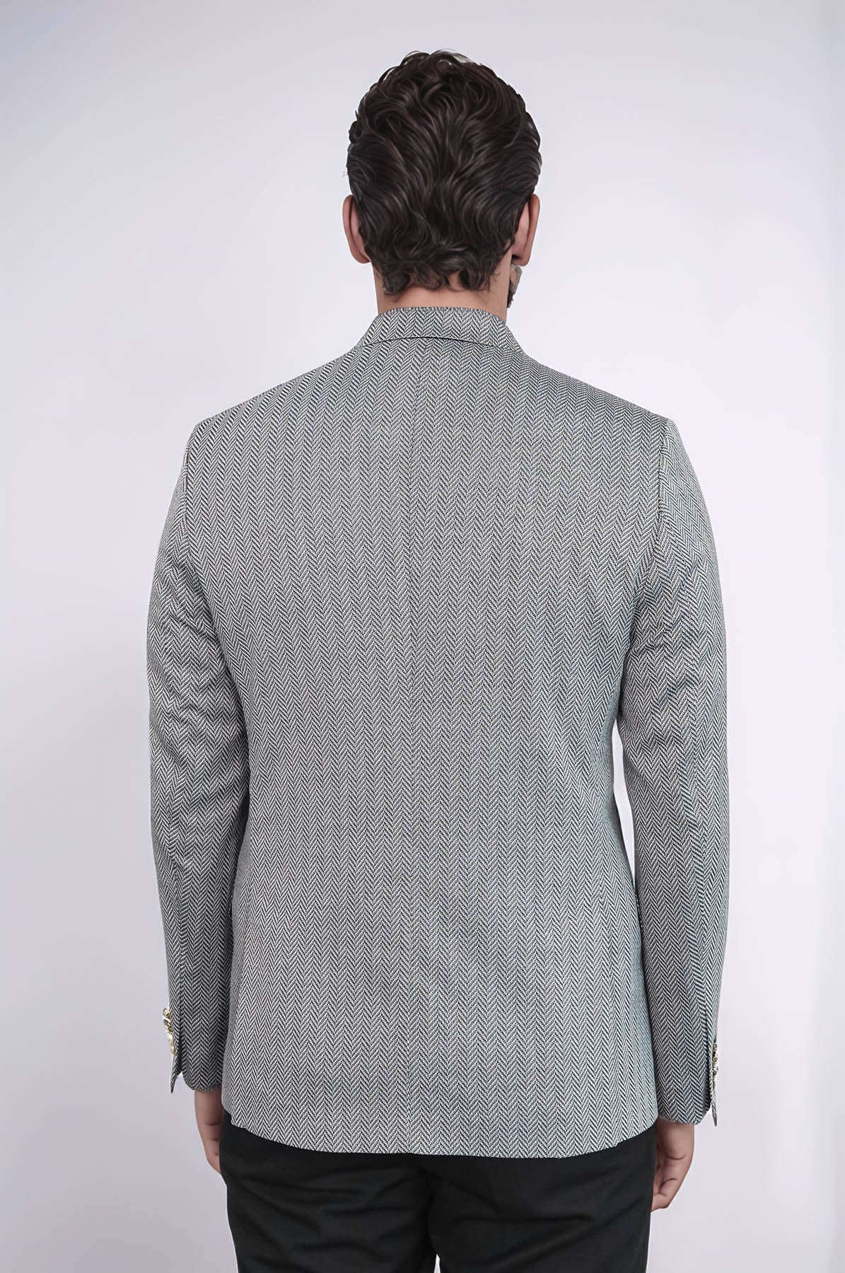 Black Herringbone Pattern Gold Metal Button Slim Fit Men&