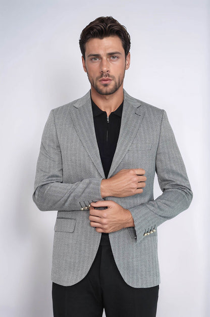 Black Herringbone Pattern Gold Metal Button Slim Fit Men&