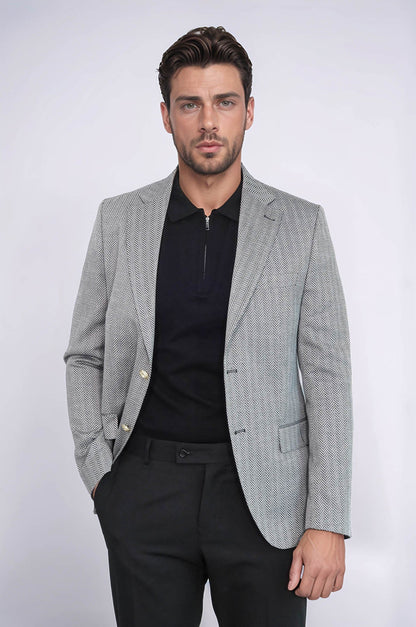 Black Herringbone Pattern Gold Metal Button Slim Fit Men&
