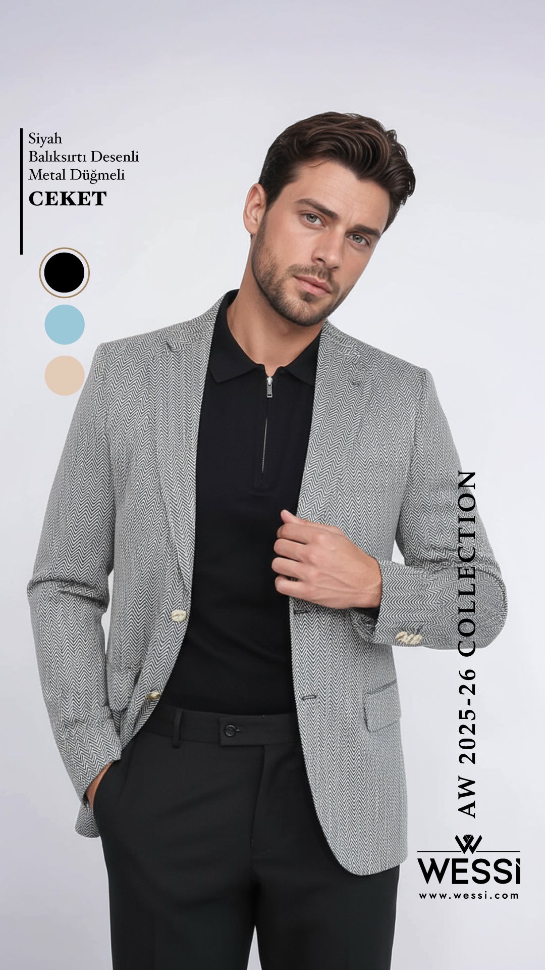 Black Herringbone Pattern Gold Metal Button Slim Fit Men&