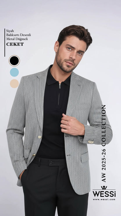 Black Herringbone Pattern Gold Metal Button Slim Fit Men&