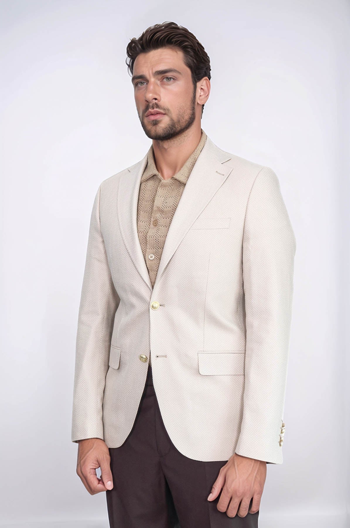Beige Herringbone Pattern Gold MetalButton Slim Fit Men&