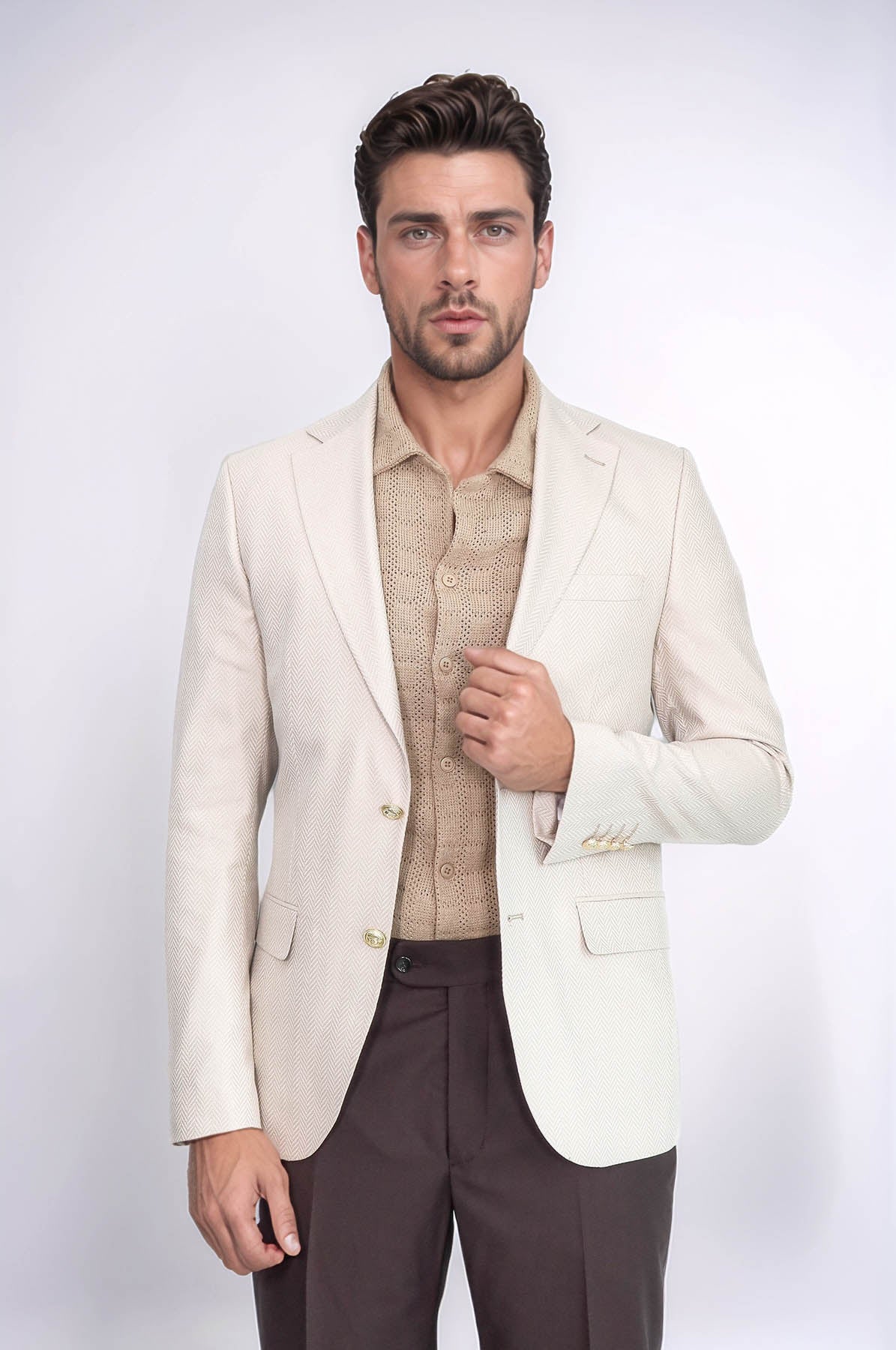 Beige Herringbone Pattern Gold MetalButton Slim Fit Men&