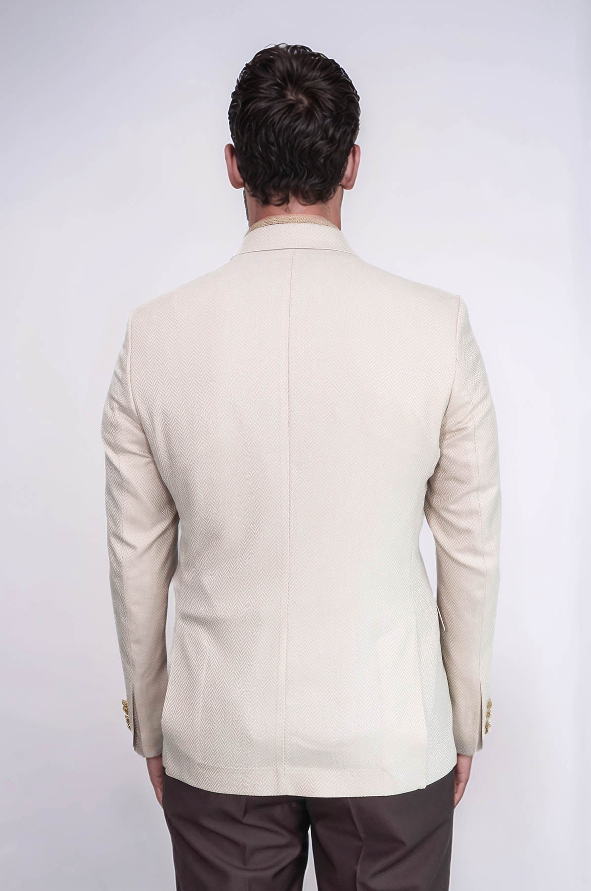 Beige Herringbone Pattern Gold MetalButton Slim Fit Men&
